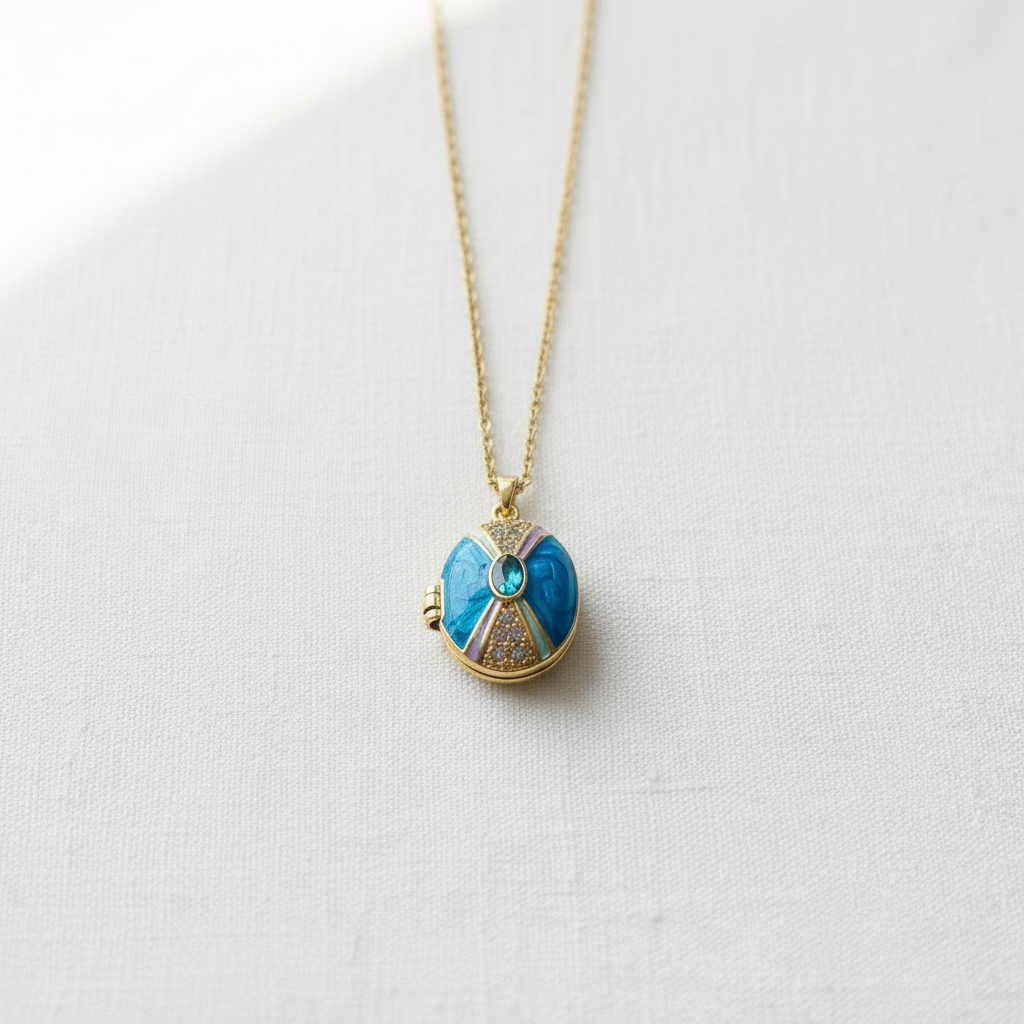 Blue enamel locket close-up on white linen