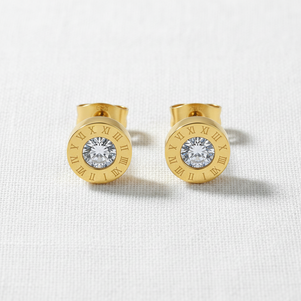 Eternal Connection Roman Numeral Earrings on white linen