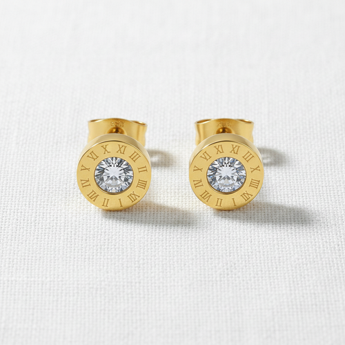 Eternal Connection Roman Numeral Earrings on white linen