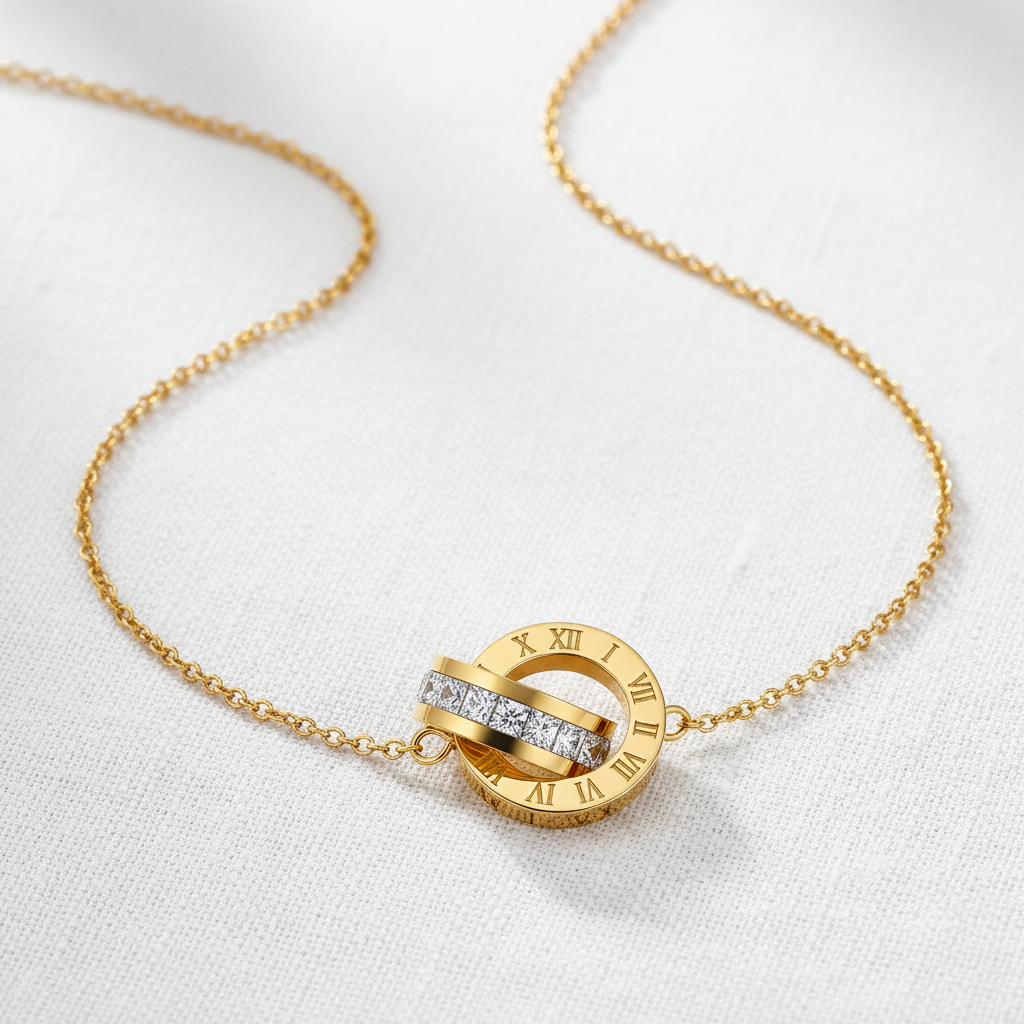 Eternal Connection Roman Numeral Necklace on white linen