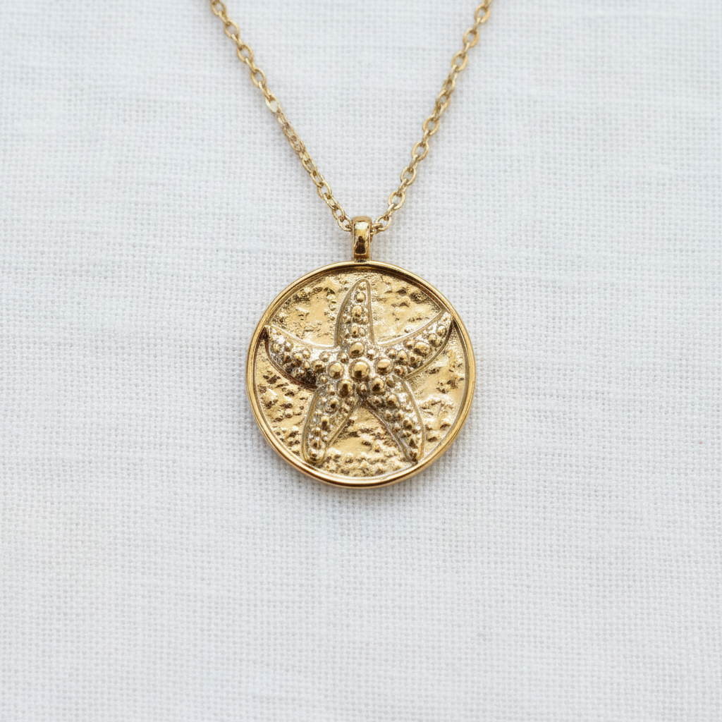 Gold celestial pendant close-up on white linen