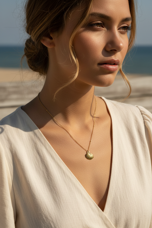 Gold shell necklace on model - 1.8cm pendant