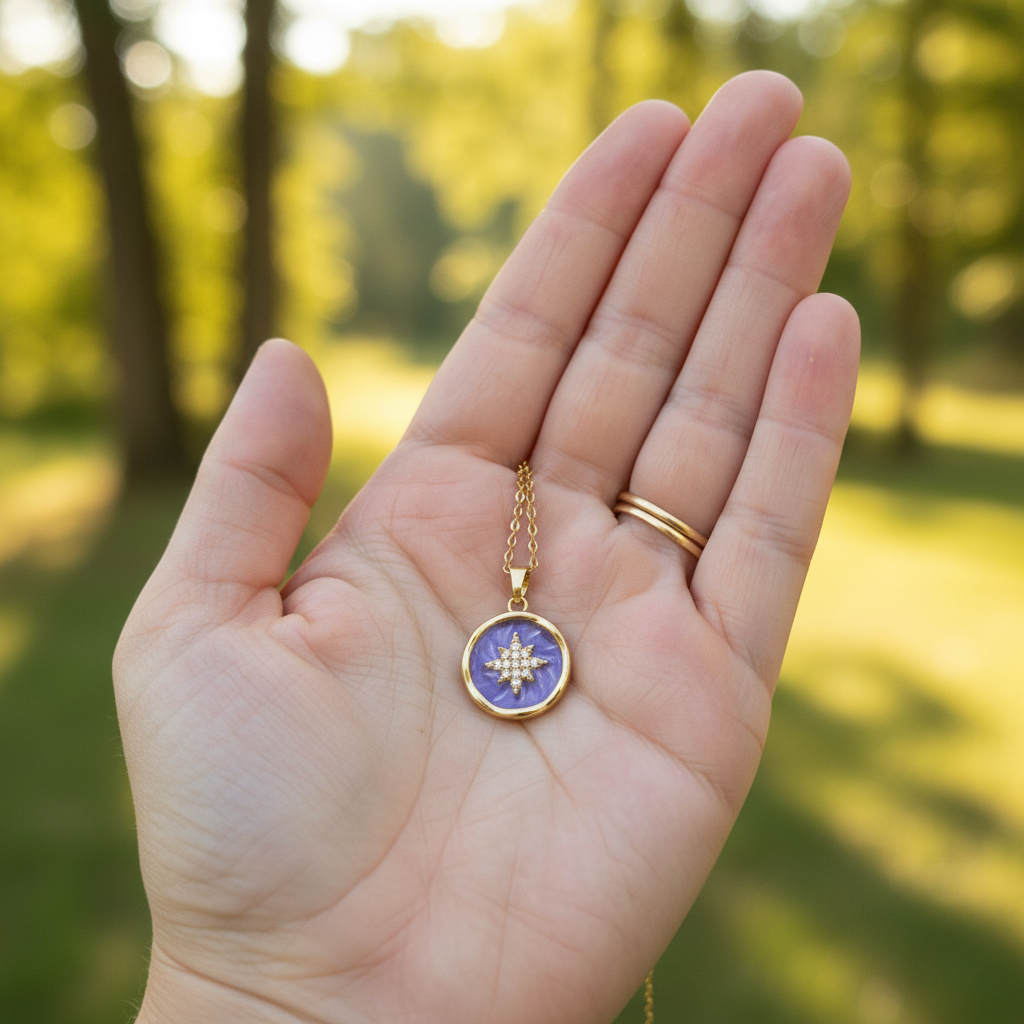 Hand holding purple flower necklace outdoors