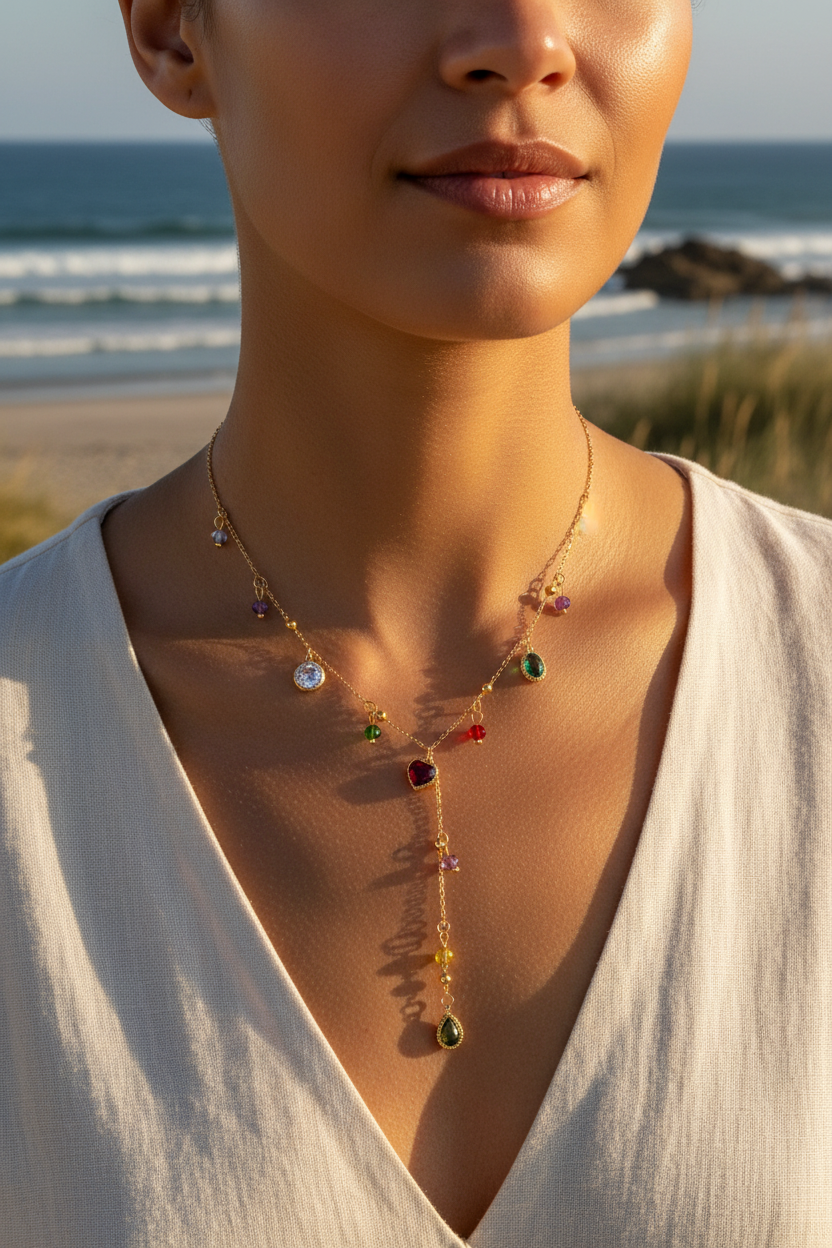 Model wearing delicate gold necklace with small gemstones