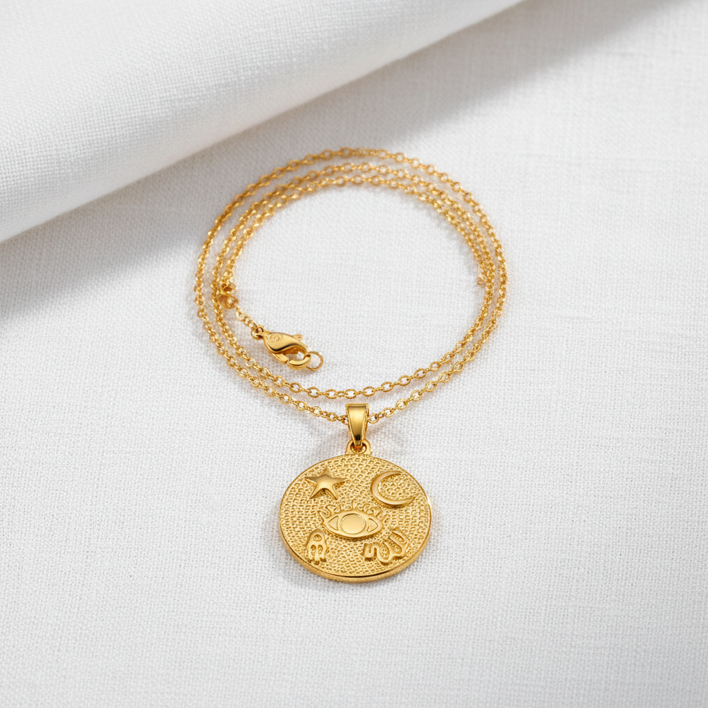 Spirit Shield Evil Eye Necklace on white linen