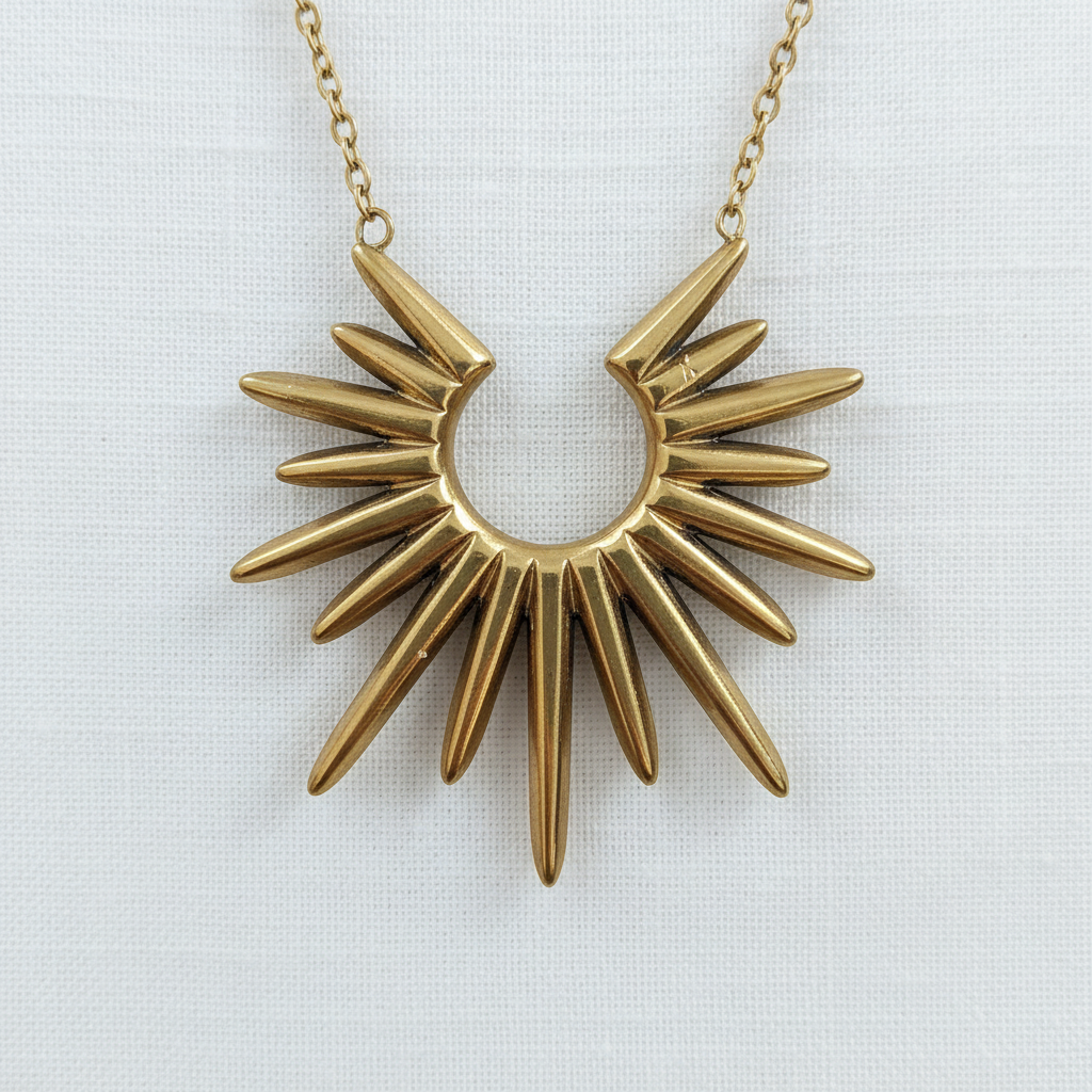Sunburst pendant close-up on white linen