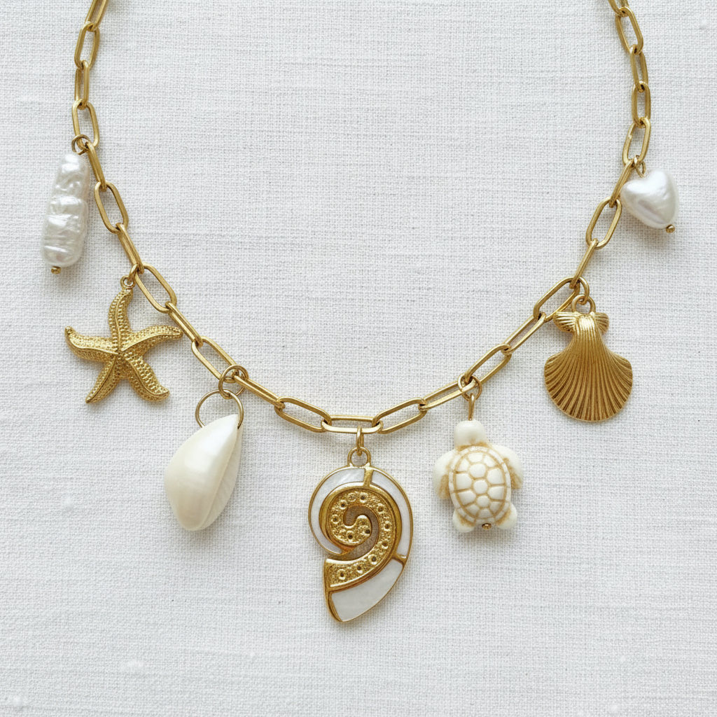 The Beach necklace bottom half close-up on white linen
