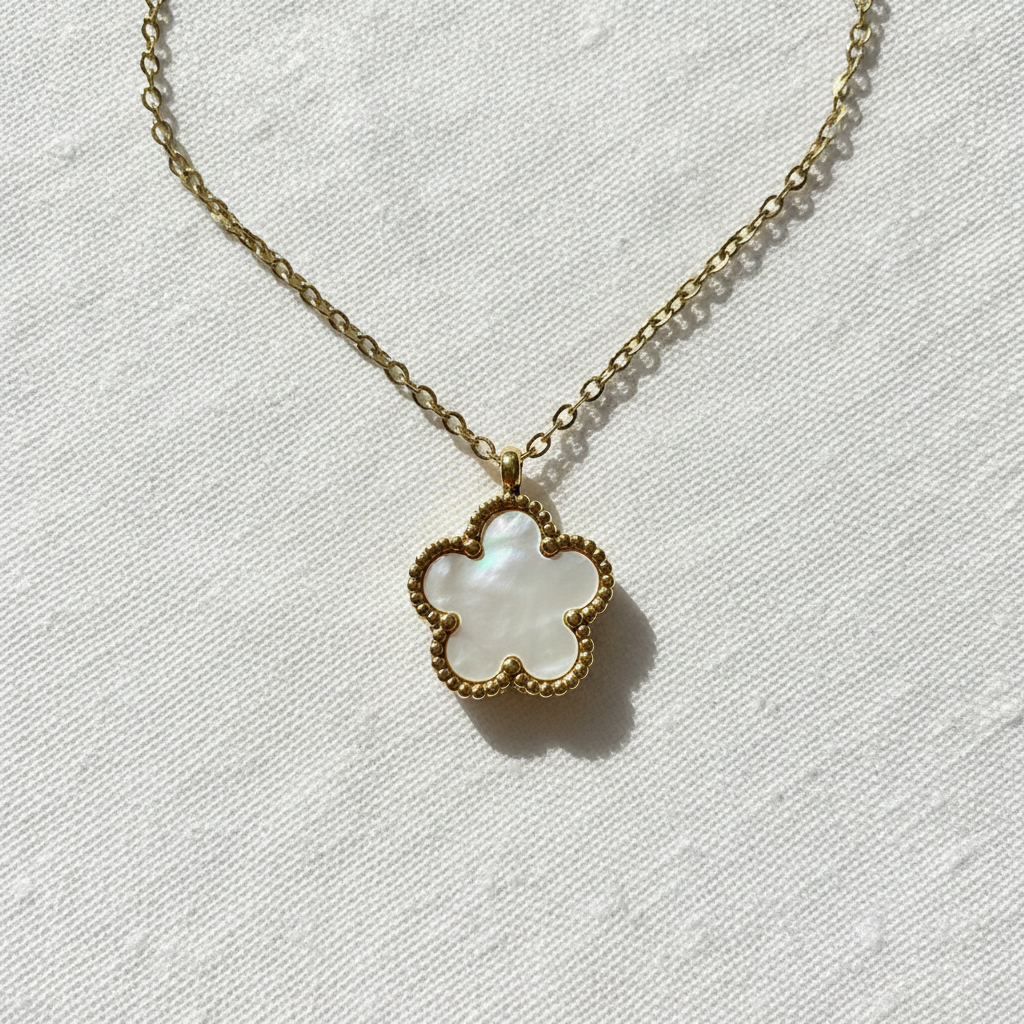 White mother-of-pearl clover pendant close-up